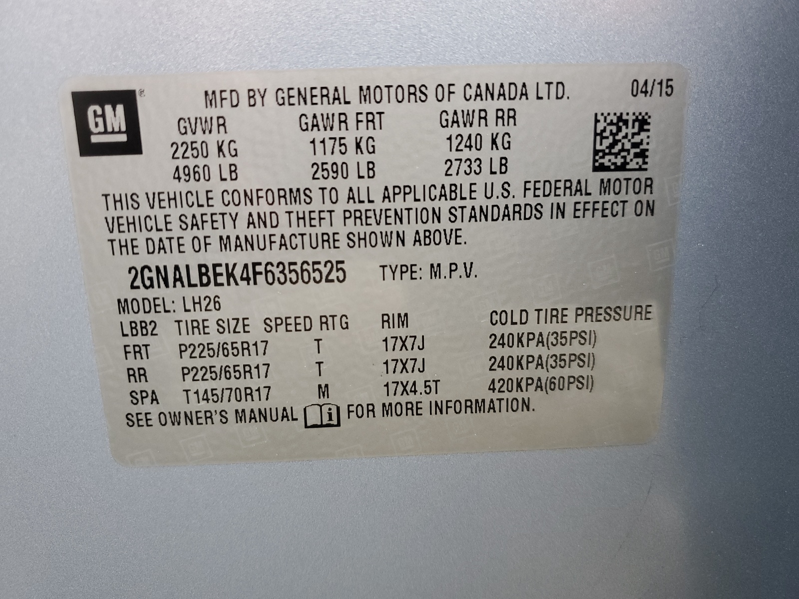 2GNALBEK4F6356525 2015 Chevrolet Equinox Lt