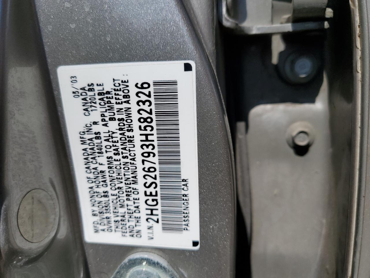 2003 Honda Civic Ex VIN: 2HGES26793H582326 Lot: 51900374