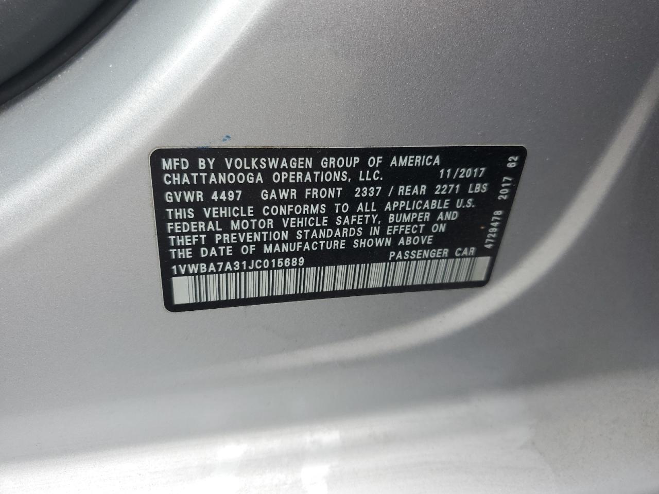 2018 Volkswagen Passat Se VIN: 1VWBA7A31JC015689 Lot: 53689414