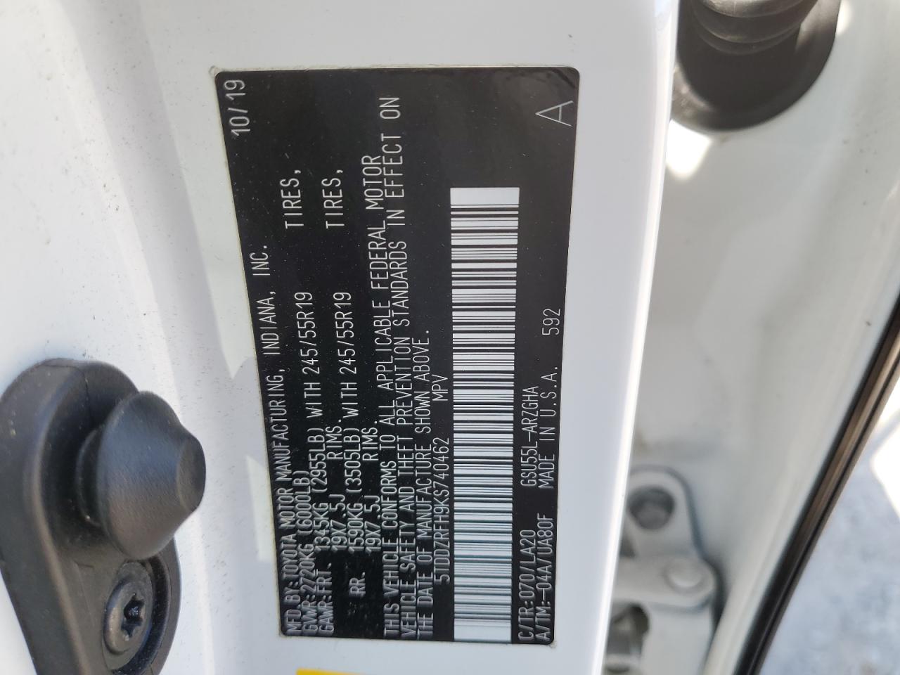 2019 Toyota Highlander Limited VIN: 5TDDZRFH9KS740462 Lot: 55191854