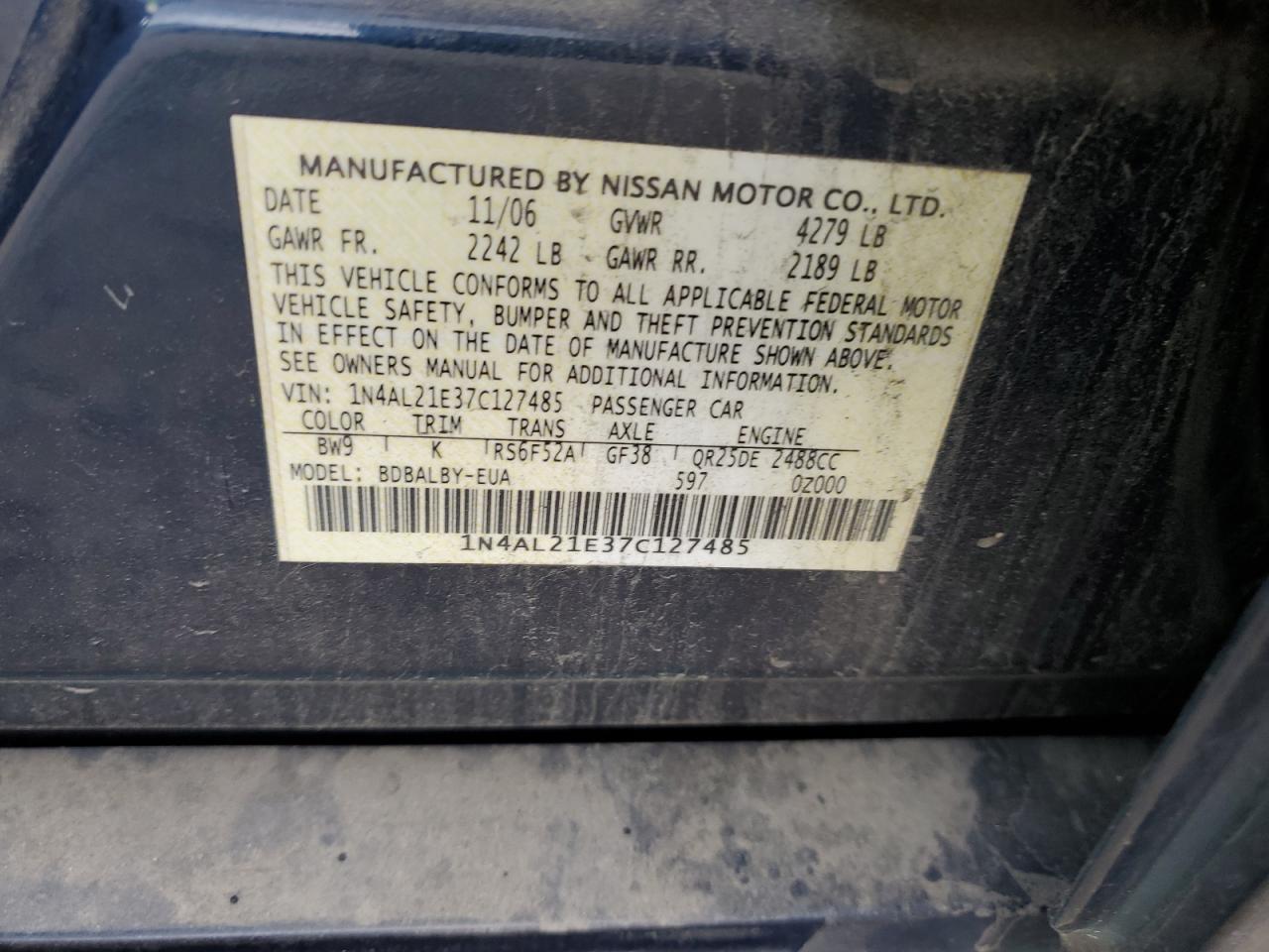 1N4AL21E37C127485 2007 Nissan Altima 2.5