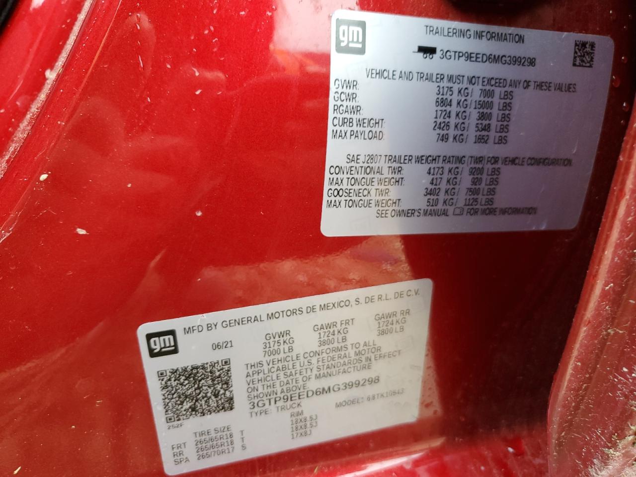 2021 GMC Sierra K1500 At4 VIN: 3GTP9EED6MG399298 Lot: 57061004