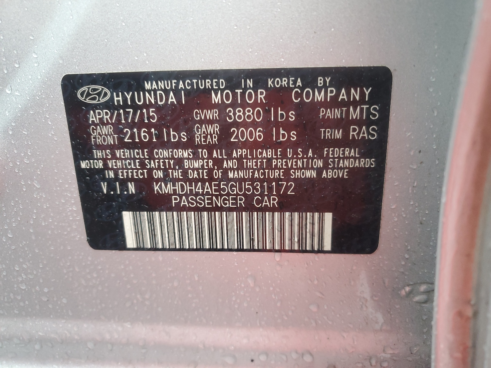 KMHDH4AE5GU531172 2016 Hyundai Elantra Se