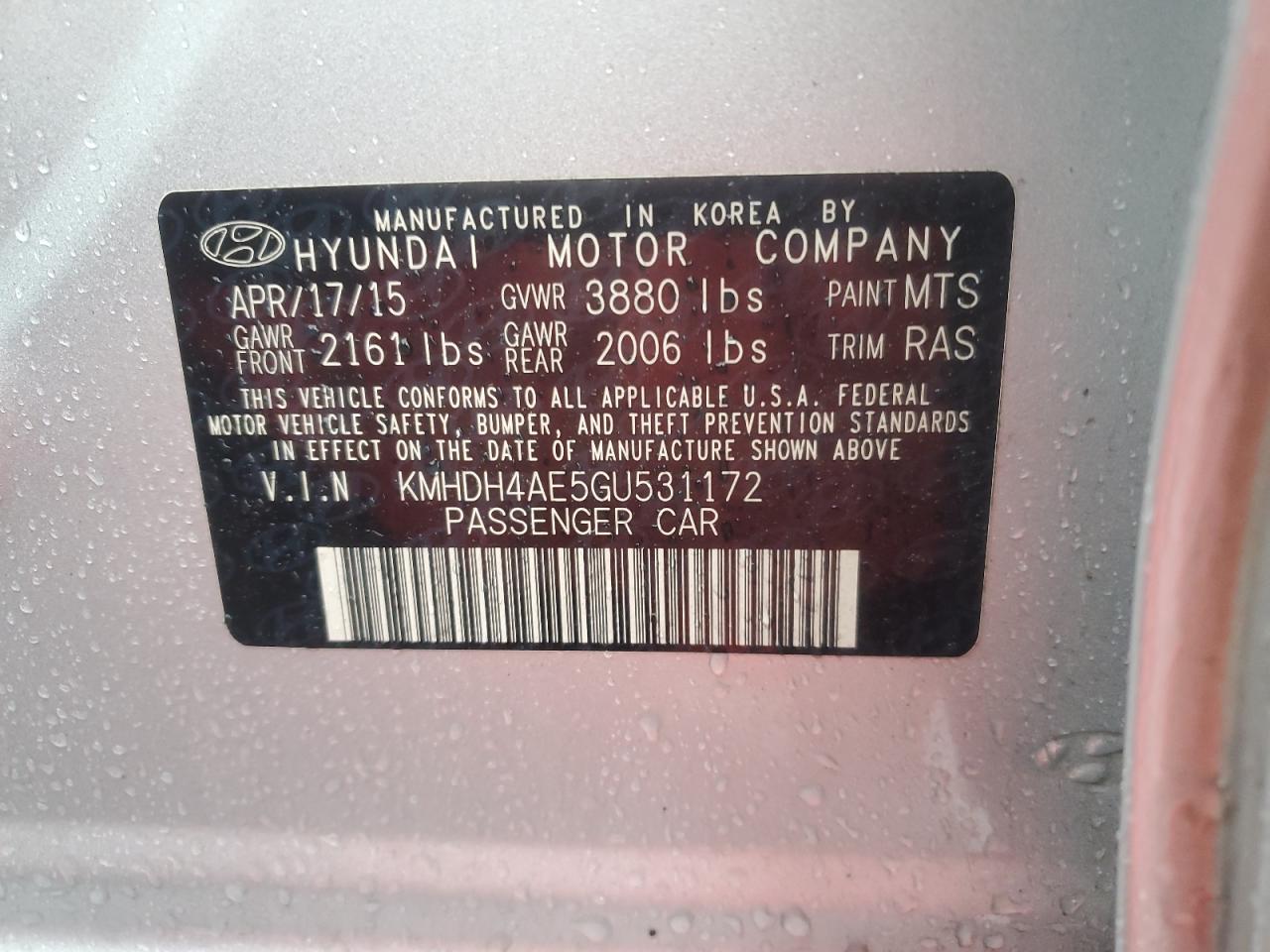 2016 Hyundai Elantra Se VIN: KMHDH4AE5GU531172 Lot: 55384524