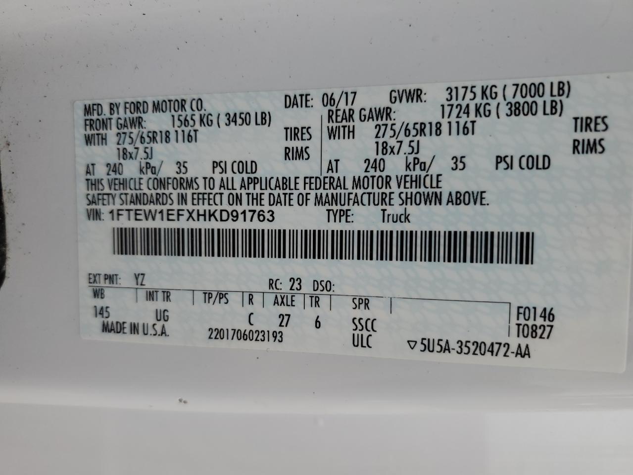 2017 Ford F150 Supercrew VIN: 1FTEW1EFXHKD91763 Lot: 55653444