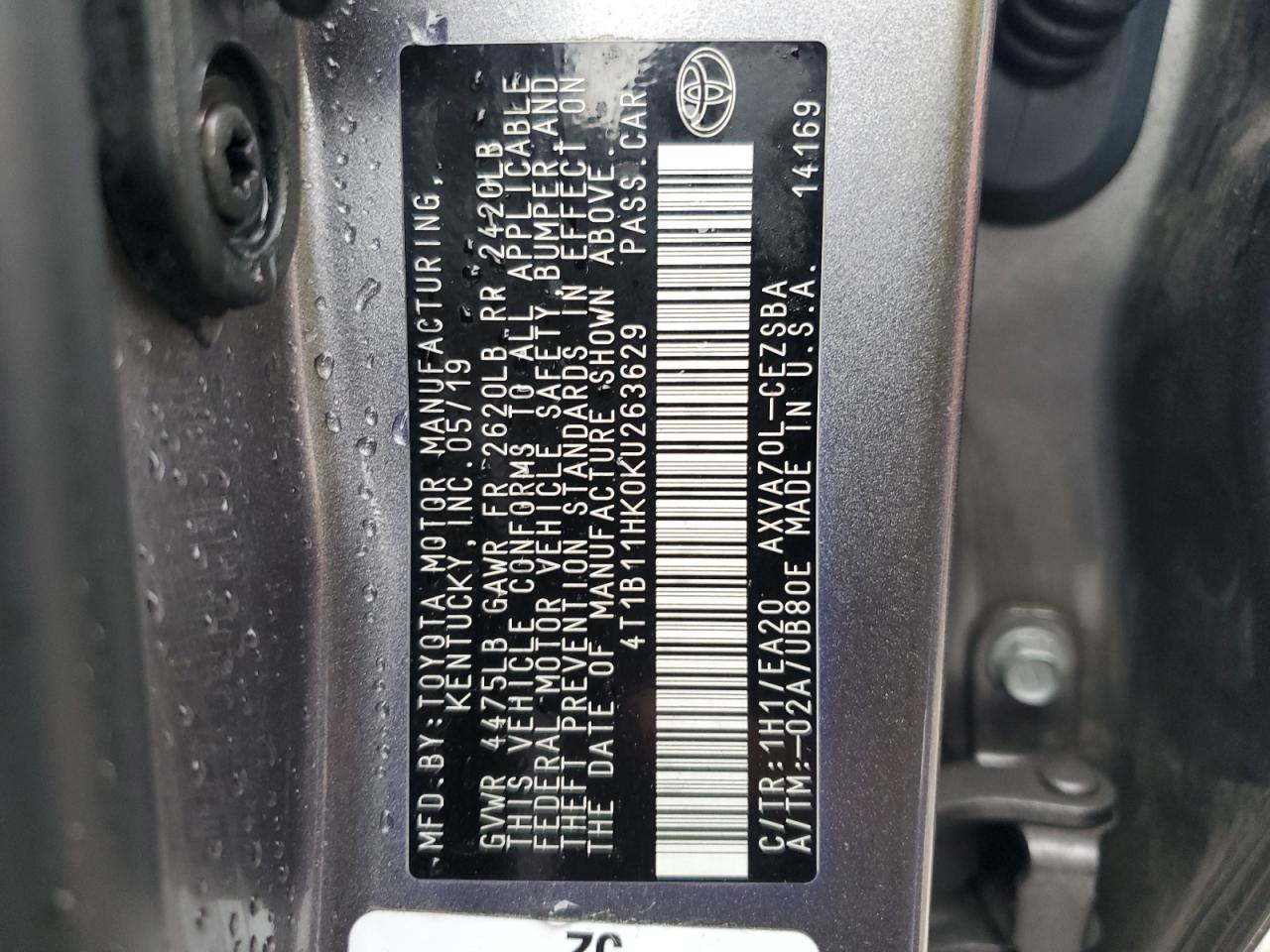 4T1B11HK0KU263629 2019 Toyota Camry L