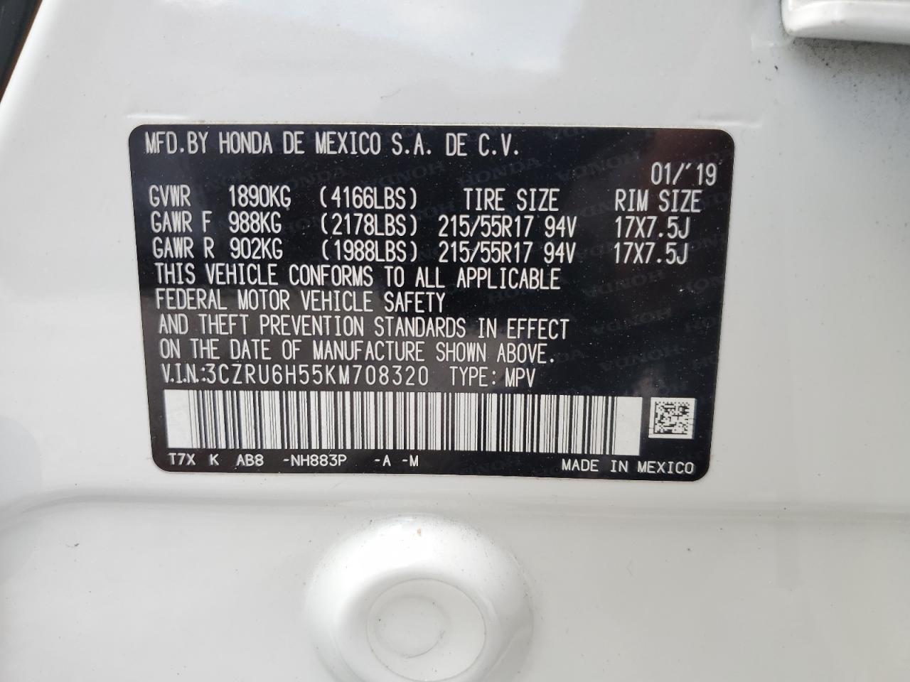 3CZRU6H55KM708320 2019 Honda Hr-V Ex