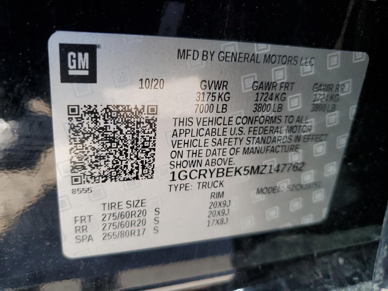 2021 Chevrolet Silverado K1500 Custom VIN: 1GCRYBEK5MZ147762 Lot: 55062794