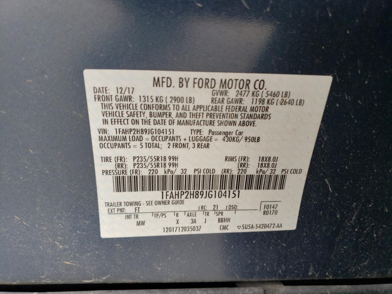 1FAHP2H89JG104151 2018 Ford Taurus Sel