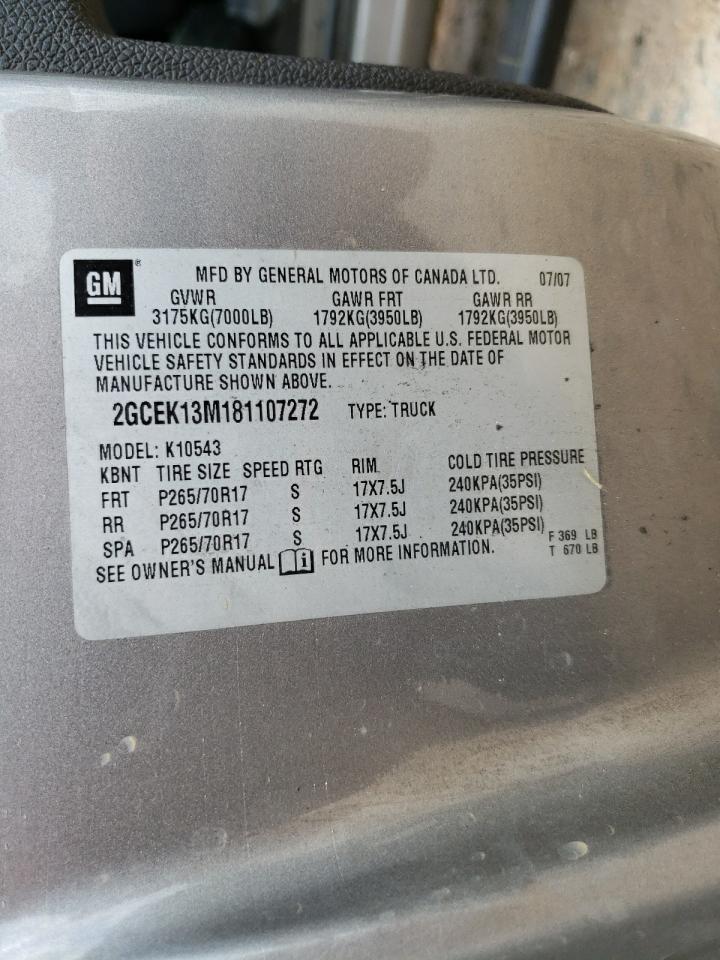 2008 Chevrolet Silverado K1500 VIN: 2GCEK13M181107272 Lot: 55749554