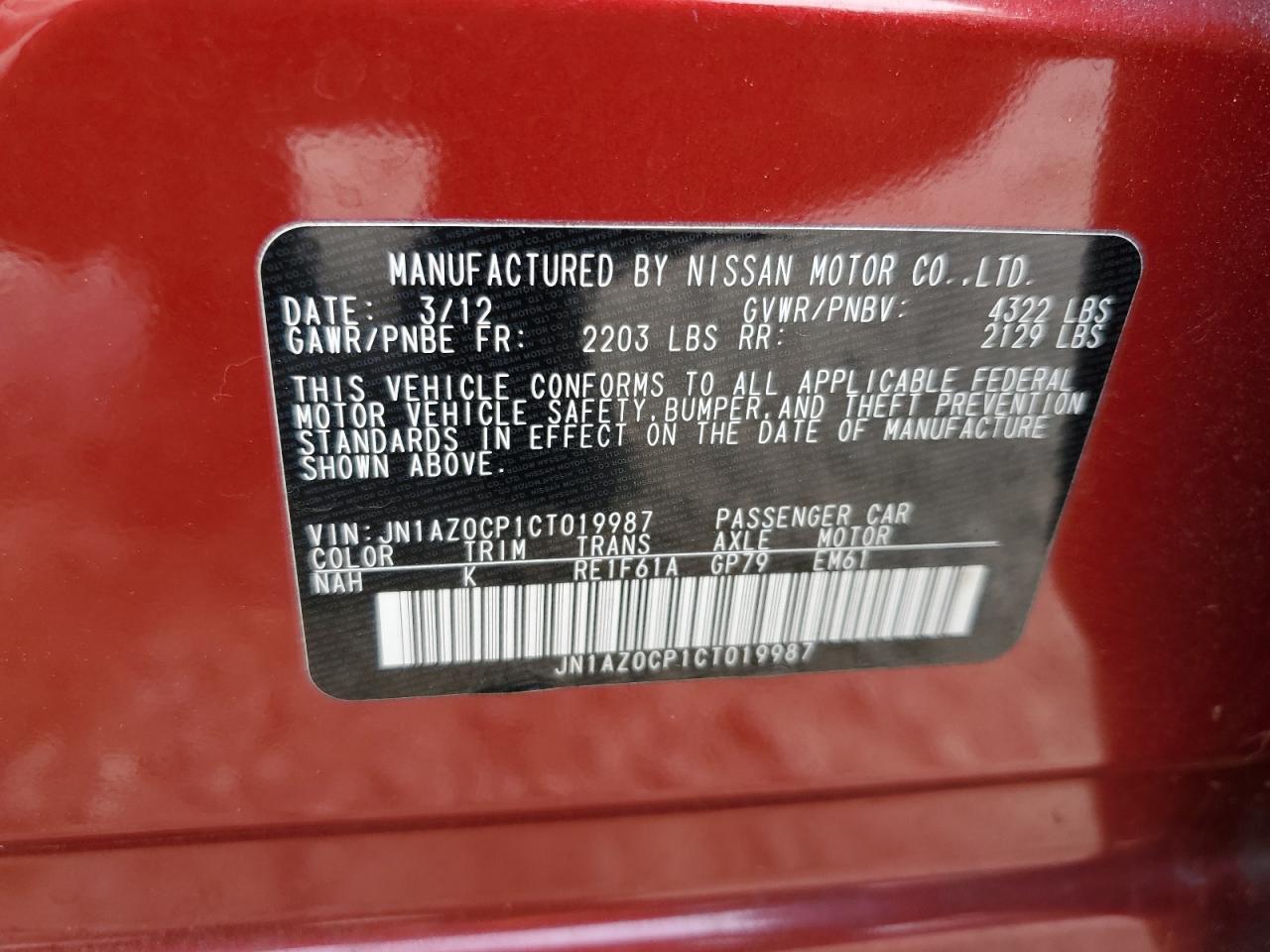 2012 Nissan Leaf Sv VIN: JN1AZ0CP1CT019987 Lot: 55882934