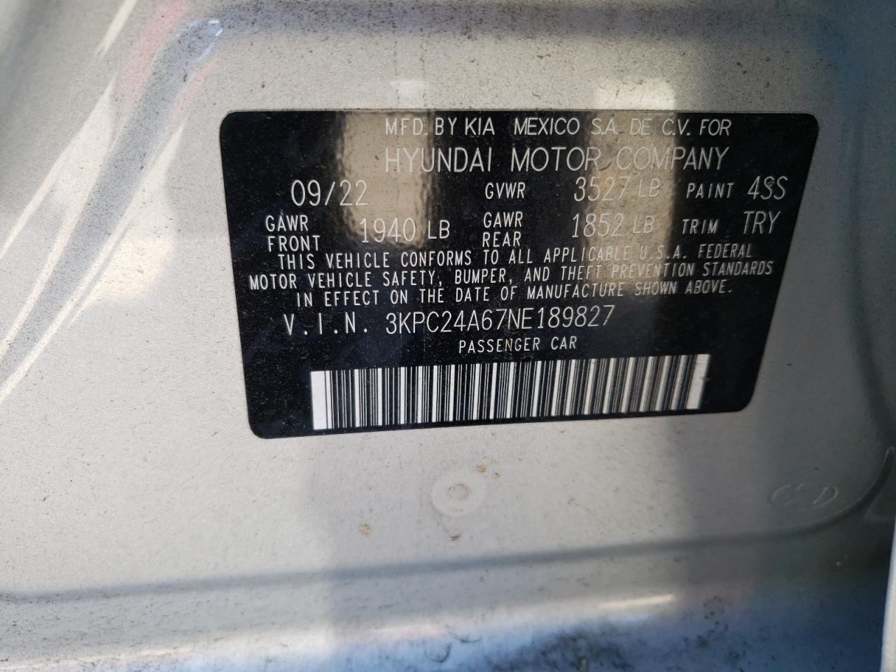 3KPC24A67NE189827 2022 Hyundai Accent Se