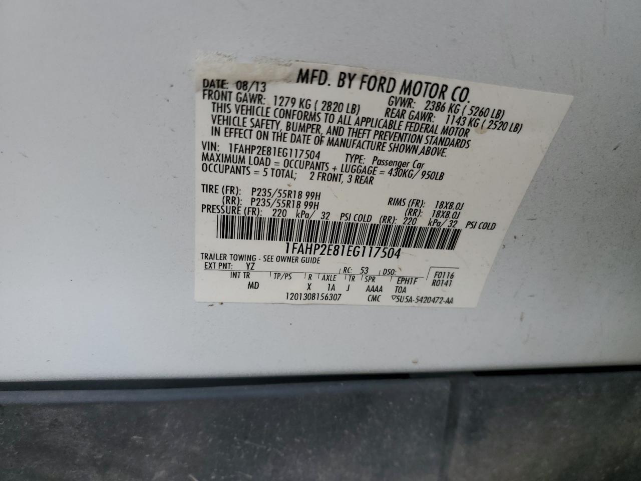 2014 Ford Taurus Sel VIN: 1FAHP2E81EG117504 Lot: 54707524