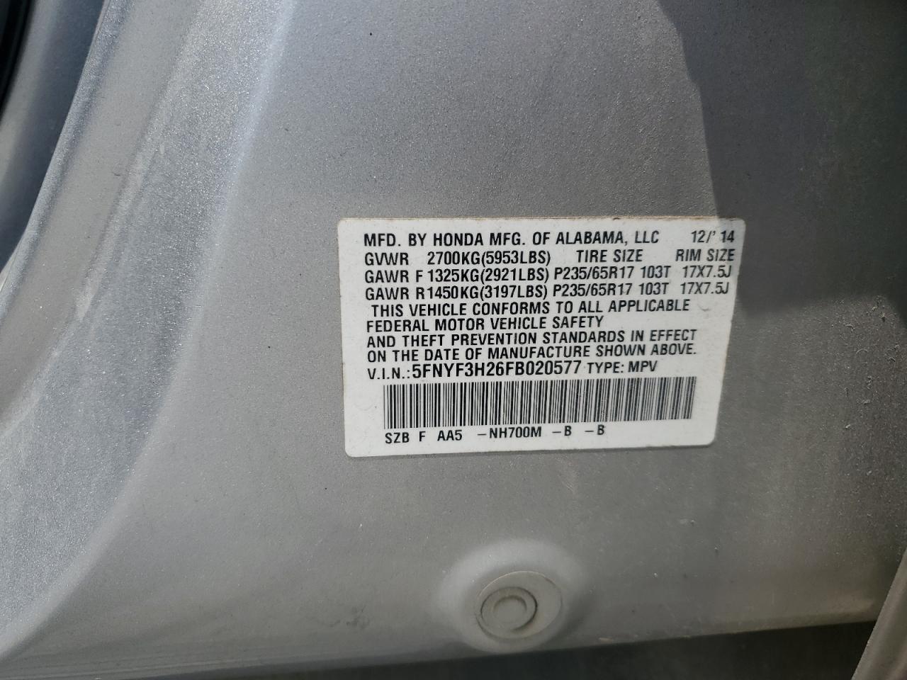 5FNYF3H26FB020577 2015 Honda Pilot Lx