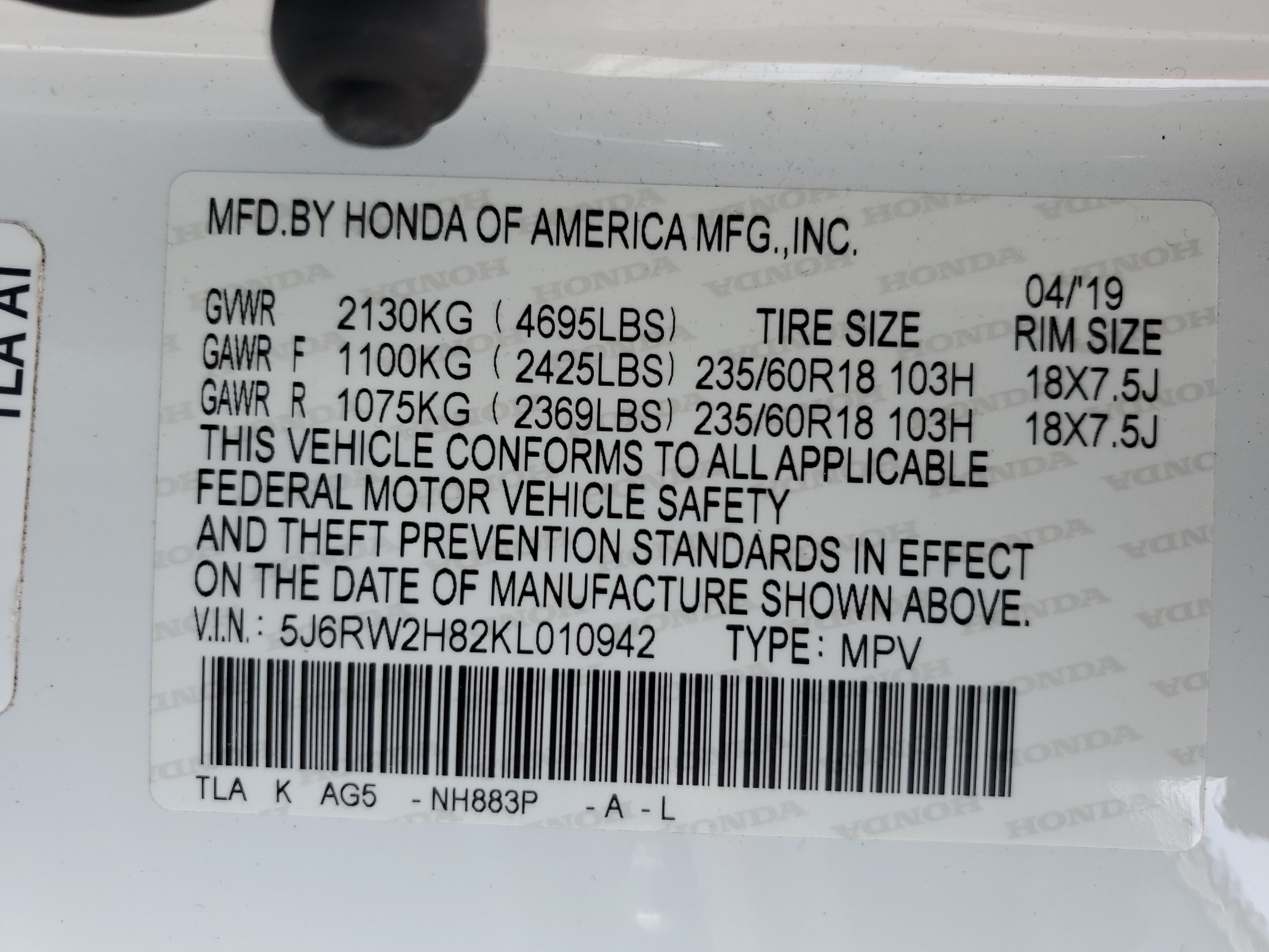 5J6RW2H82KL010942 2019 Honda Cr-V Exl