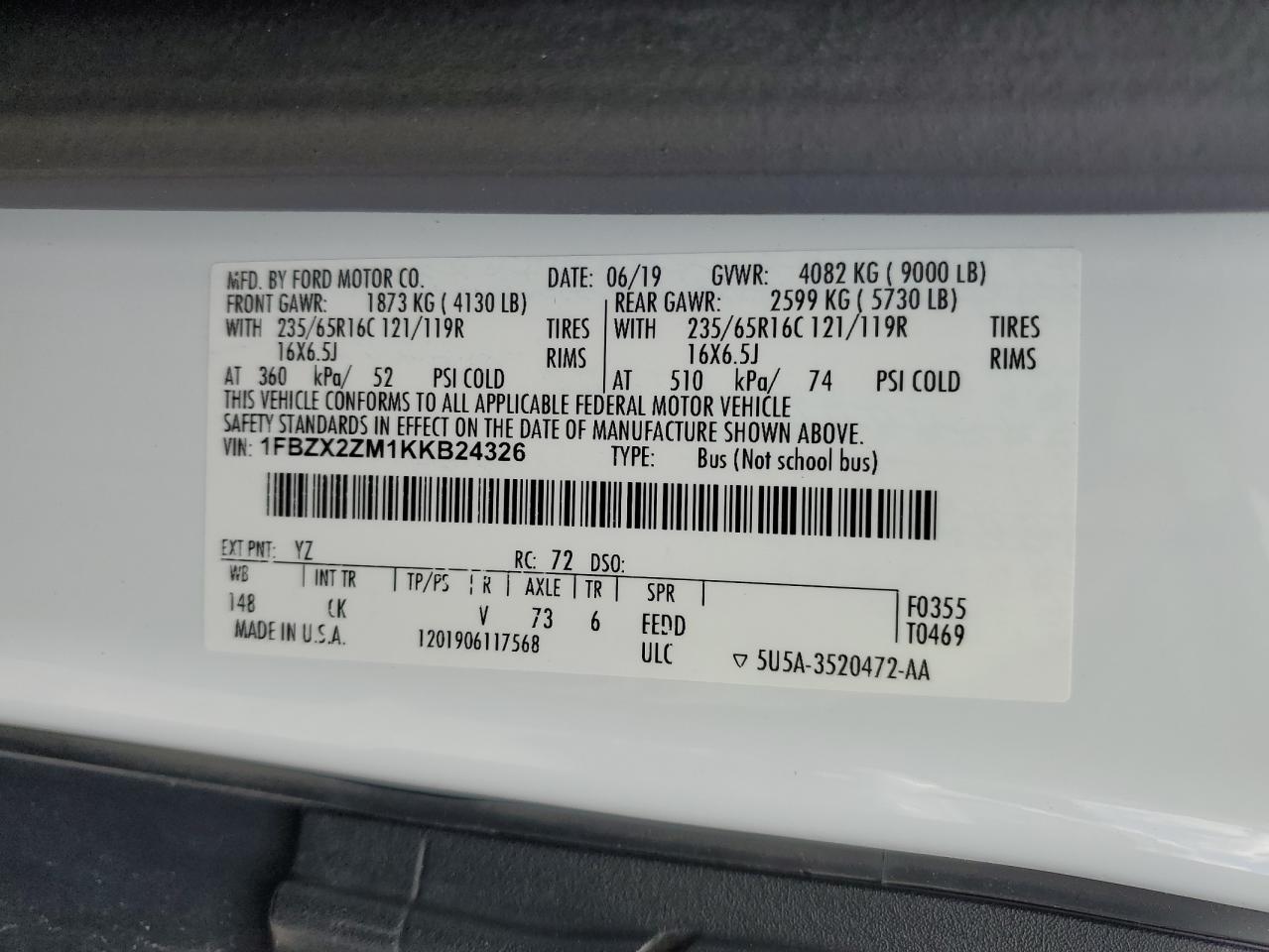 2019 Ford Transit T-350 VIN: 1FBZX2ZM1KKB24326 Lot: 54442534