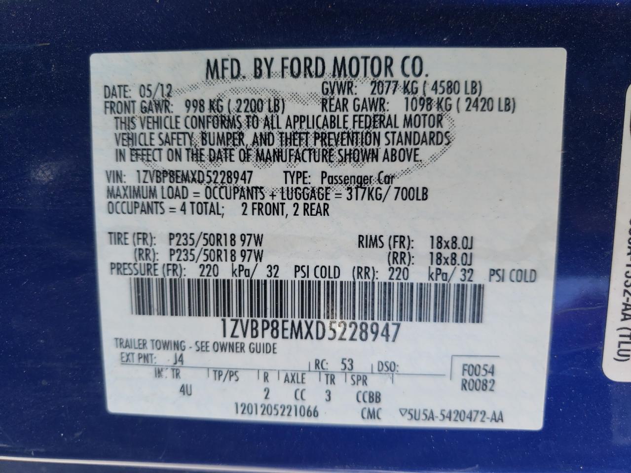 2013 Ford Mustang VIN: 1ZVBP8EMXD5228947 Lot: 56789884
