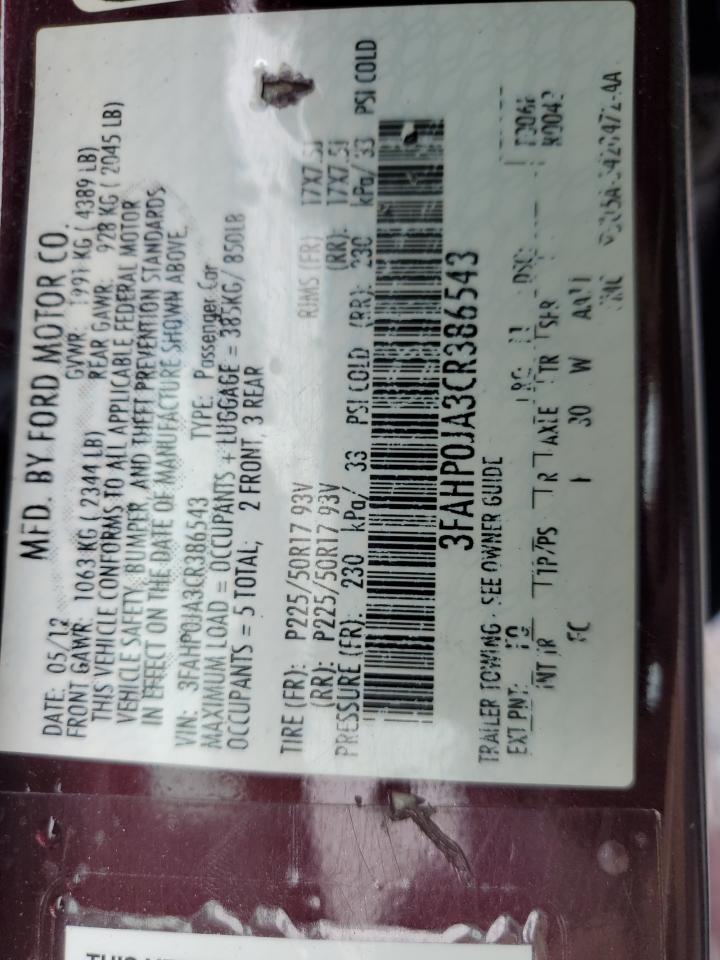 2012 Ford Fusion Sel VIN: 3FAHP0JA3CR386543 Lot: 54714674