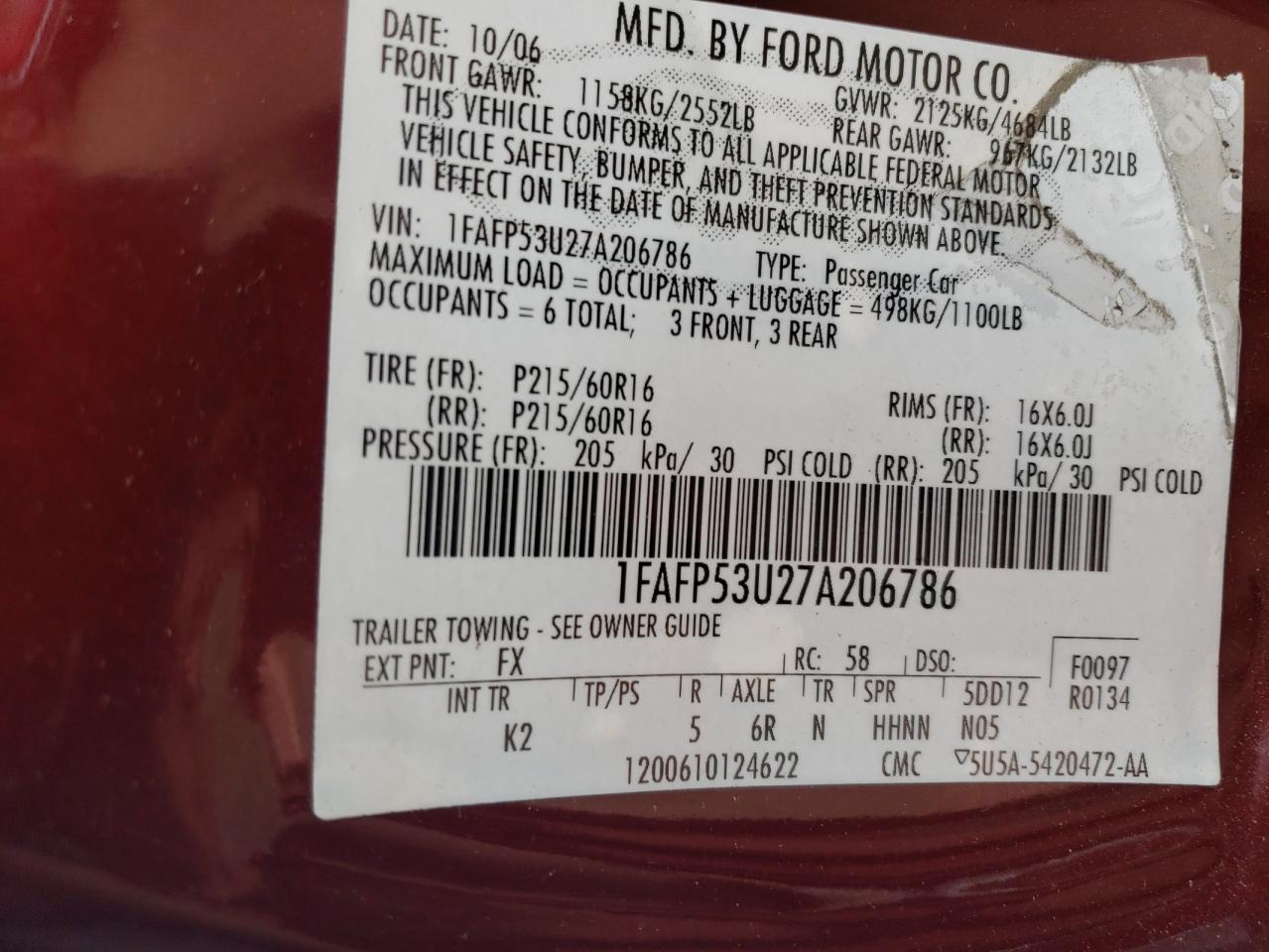 2007 Ford Taurus Se VIN: 1FAFP53U27A206786 Lot: 54447044