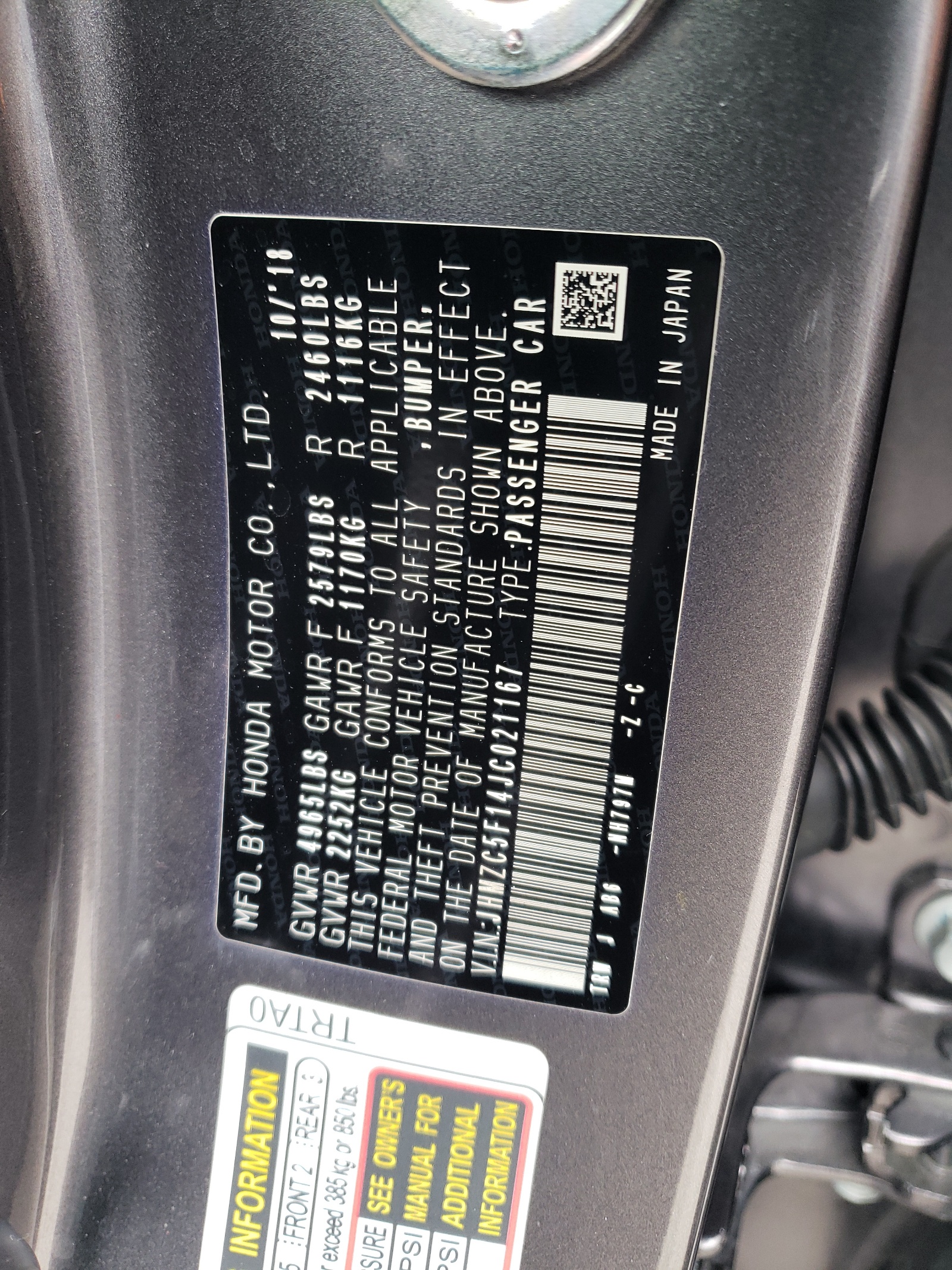 JHMZC5F14JC021167 2018 Honda Clarity