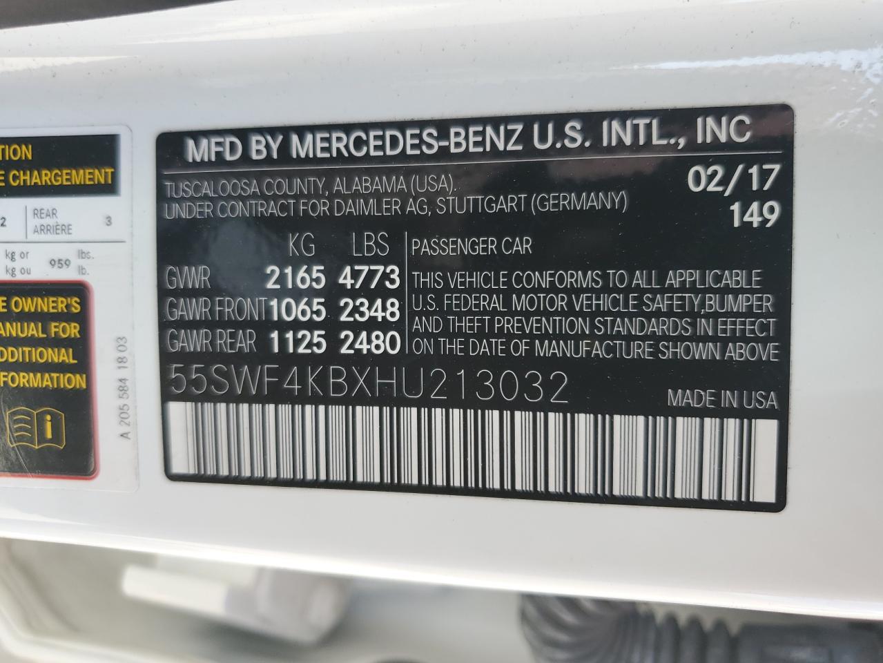 2017 Mercedes-Benz C 300 4Matic VIN: 55SWF4KBXHU213032 Lot: 53123884