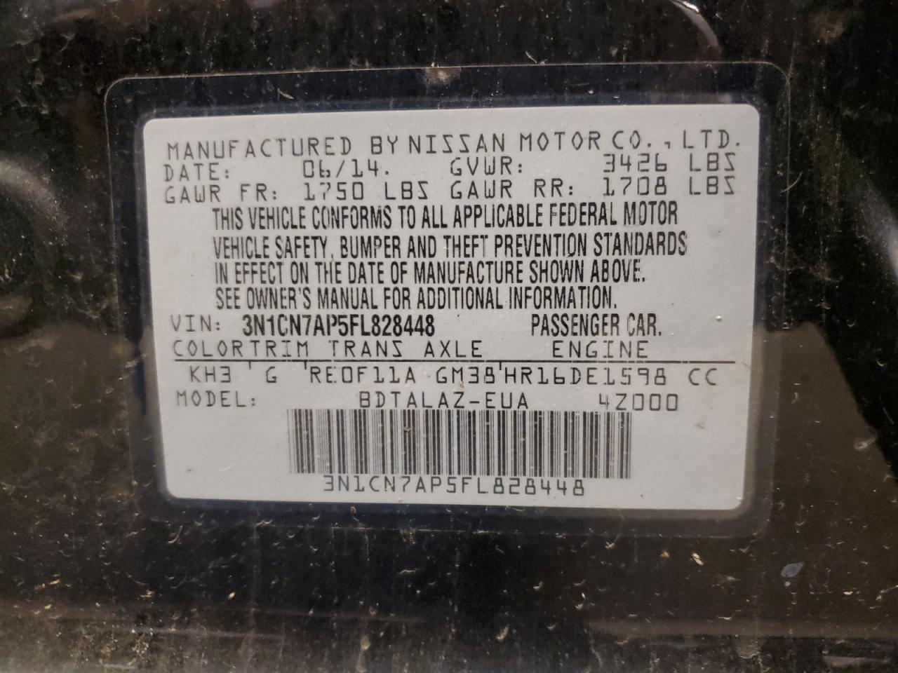 VIN 3N1CN7AP5FL828448 2015 NISSAN VERSA no.12