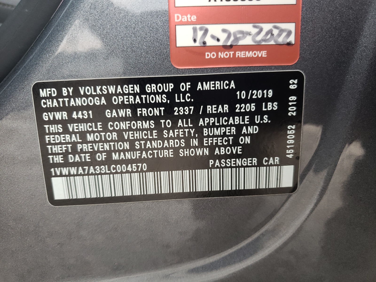 1VWWA7A33LC004570 2020 Volkswagen Passat Se