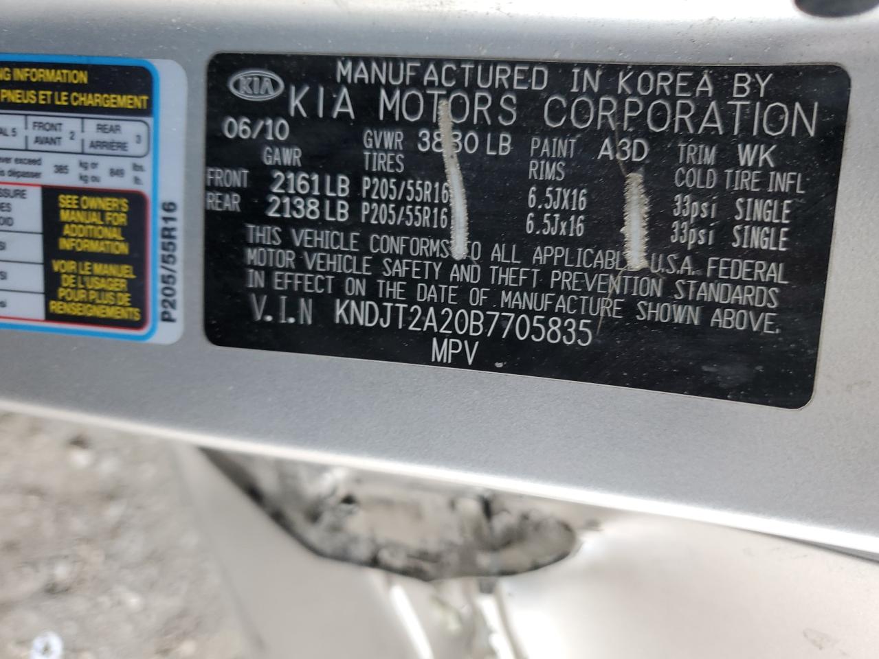 2011 Kia Soul + VIN: KNDJT2A20B7705835 Lot: 56315174