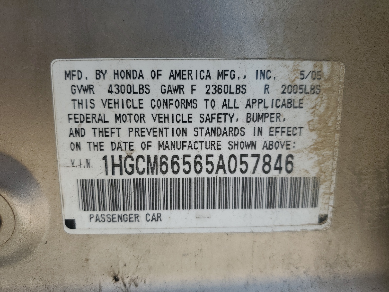 1HGCM66565A057846 2005 Honda Accord Ex