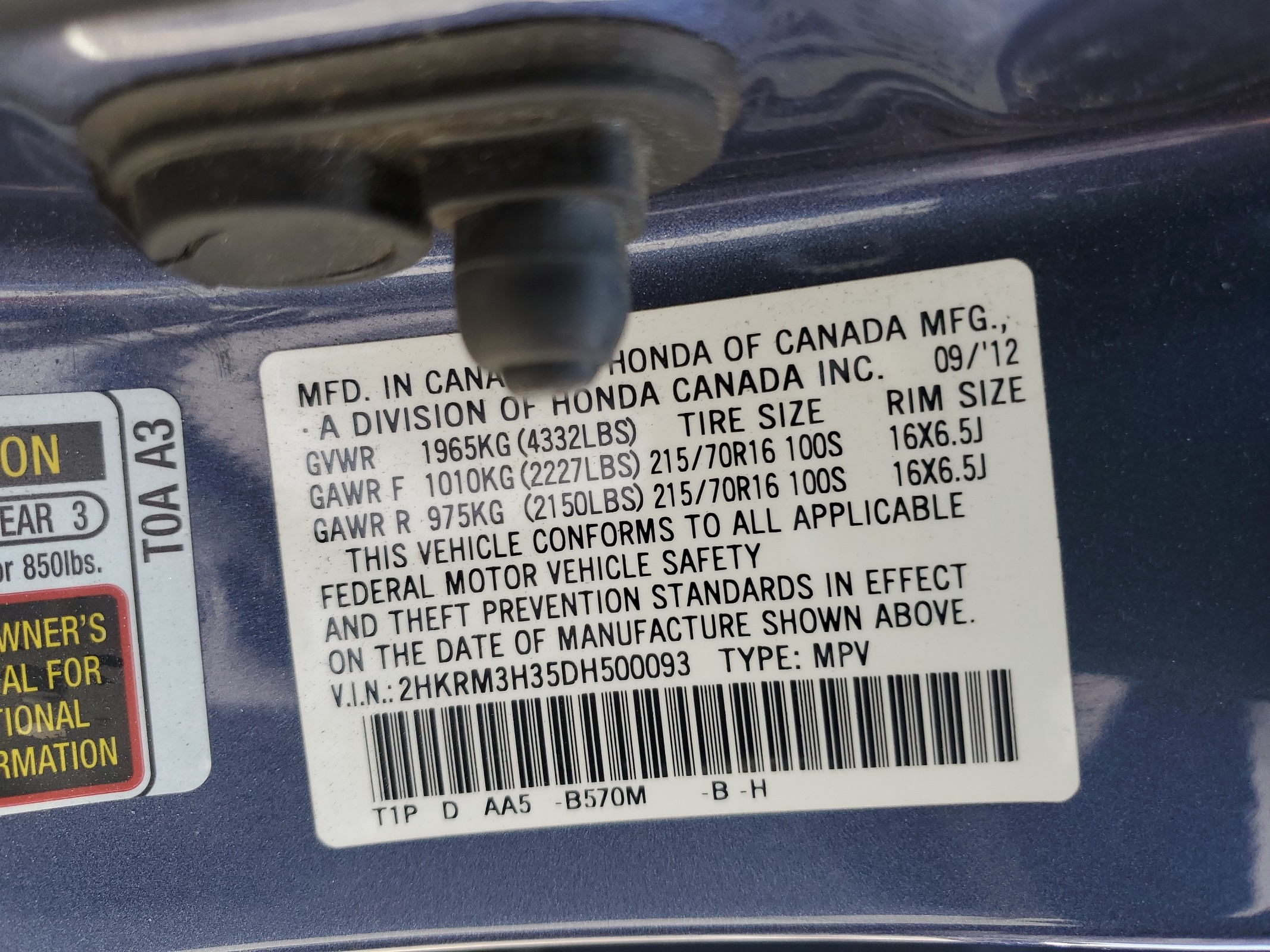 2HKRM3H35DH500093 2013 Honda Cr-V Lx