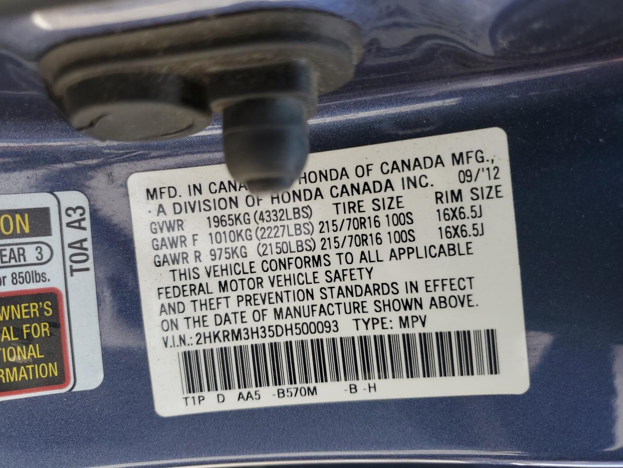 2013 Honda Cr-V Lx VIN: 2HKRM3H35DH500093 Lot: 55948264