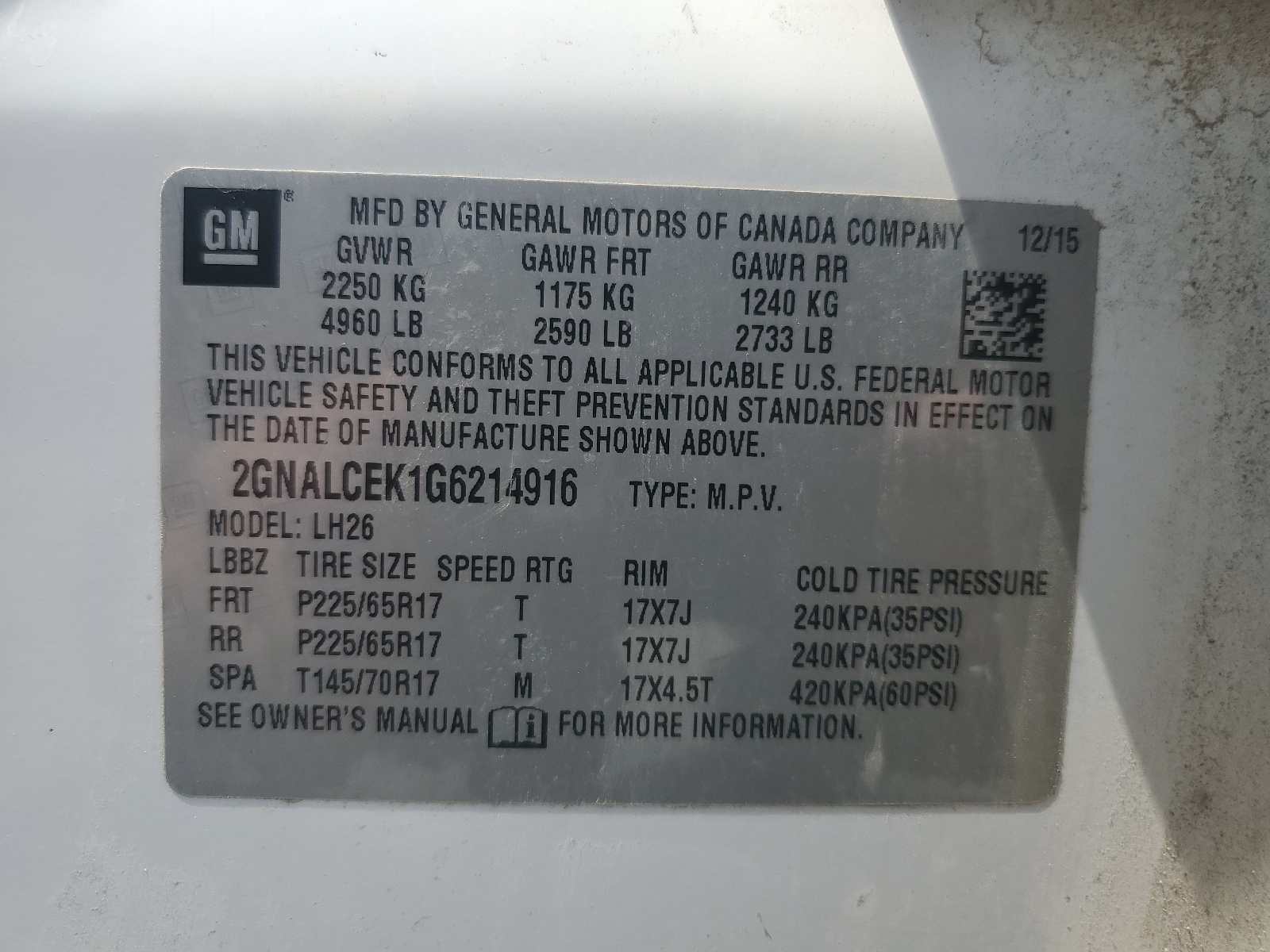 2GNALCEK1G6214916 2016 Chevrolet Equinox Lt