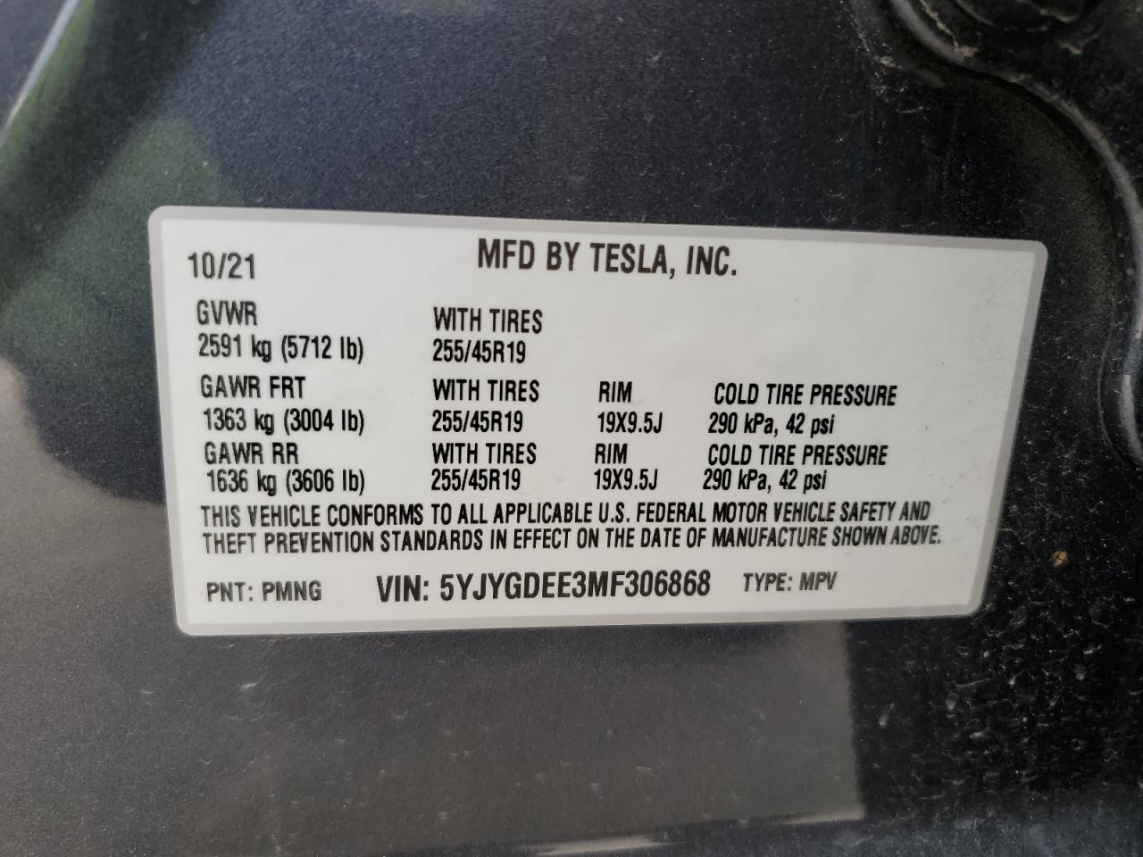 2021 Tesla Model Y VIN: 5YJYGDEE3MF306868 Lot: 50586044