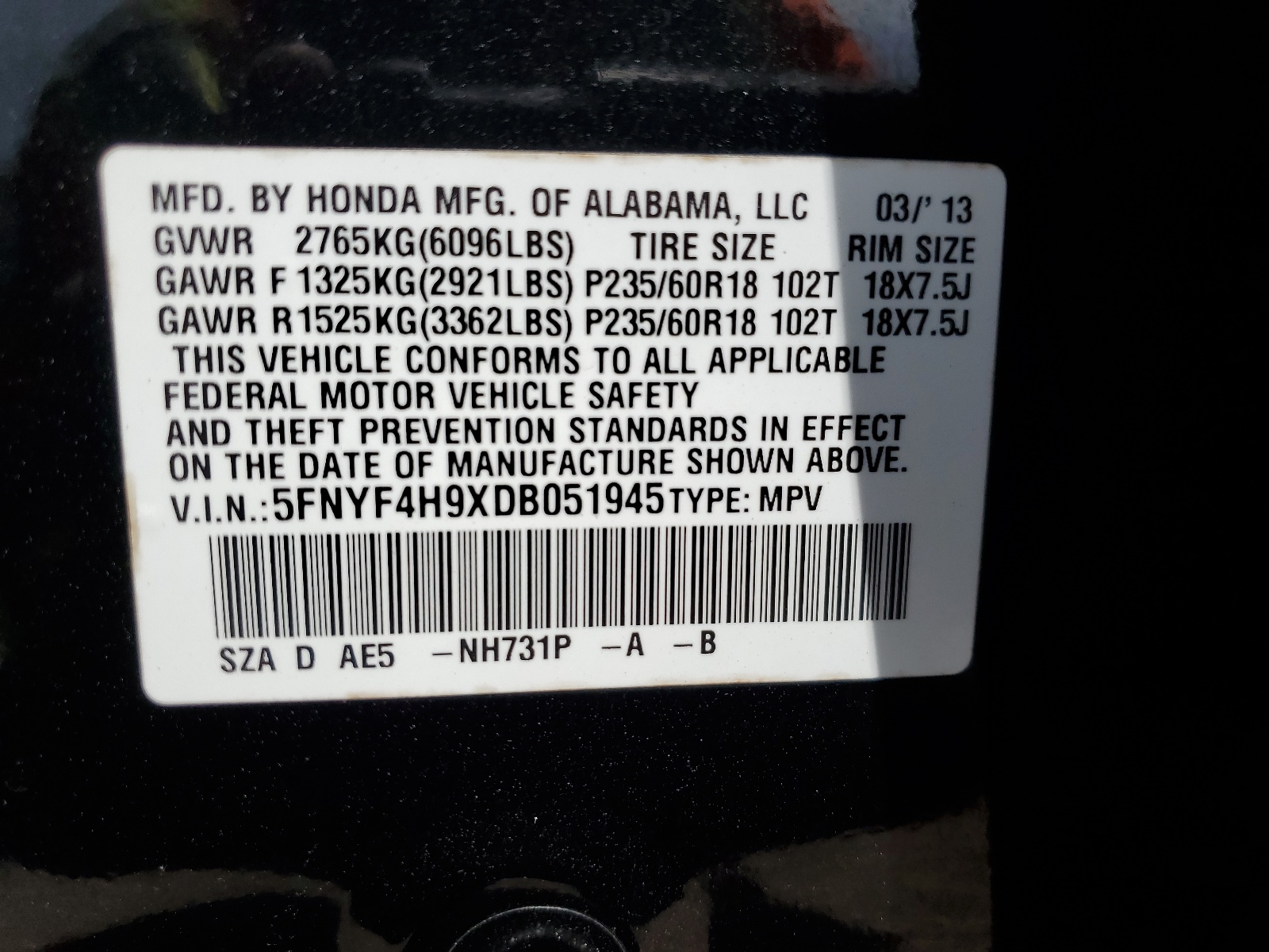 5FNYF4H9XDB051945 2013 Honda Pilot Touring