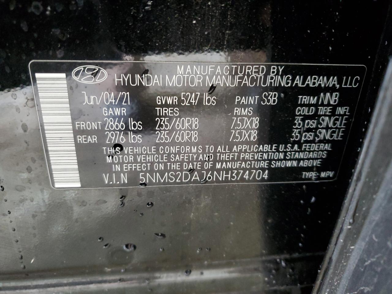 5NMS2DAJ6NH374704 2022 Hyundai Santa Fe Sel