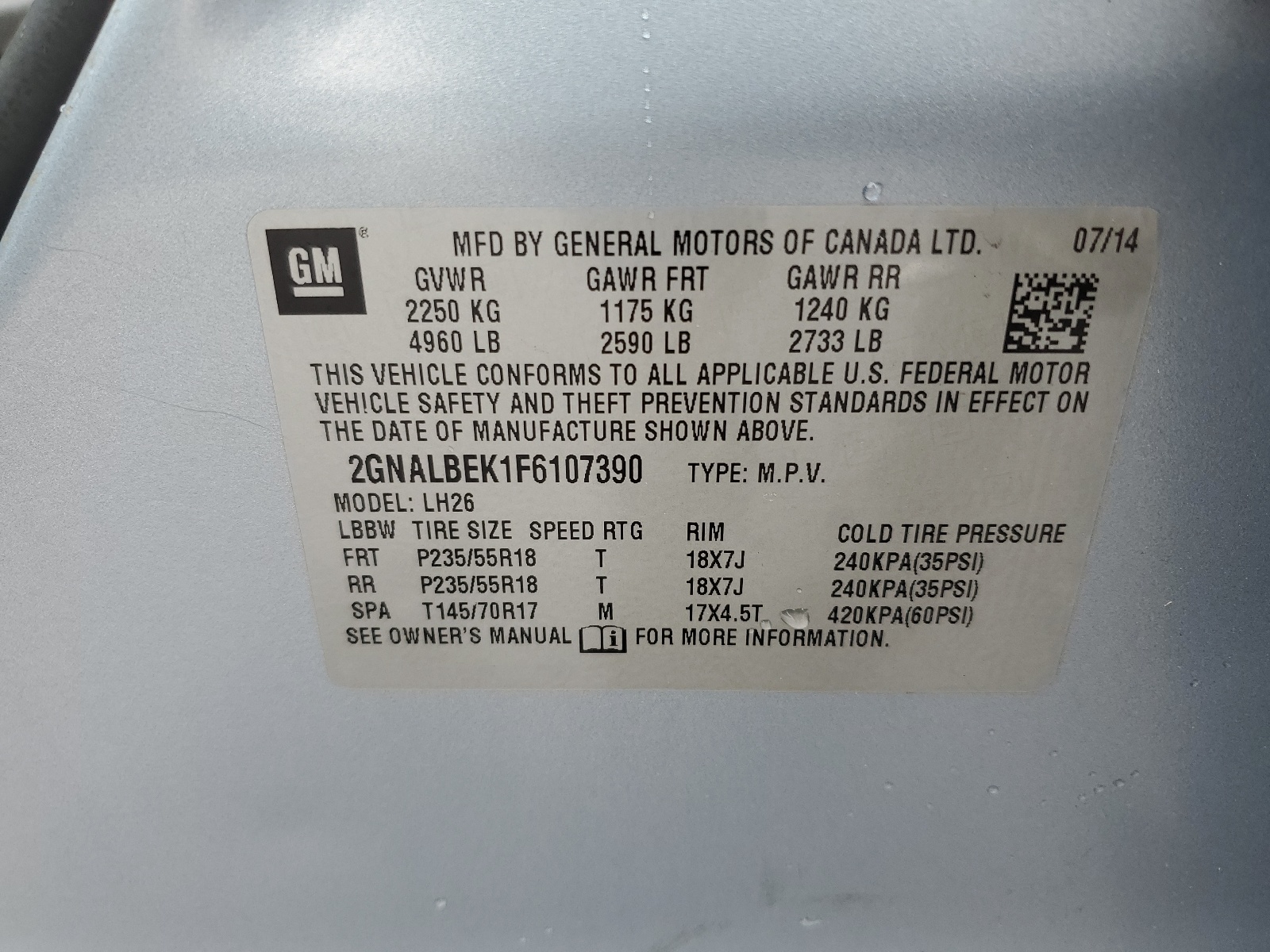 2GNALBEK1F6107390 2015 Chevrolet Equinox Lt