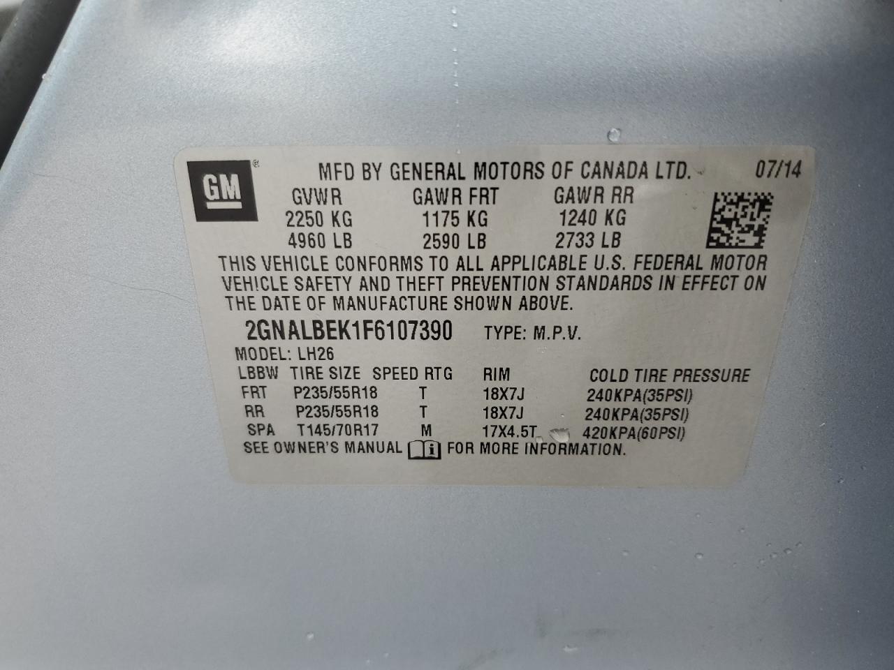 2015 Chevrolet Equinox Lt VIN: 2GNALBEK1F6107390 Lot: 55046154