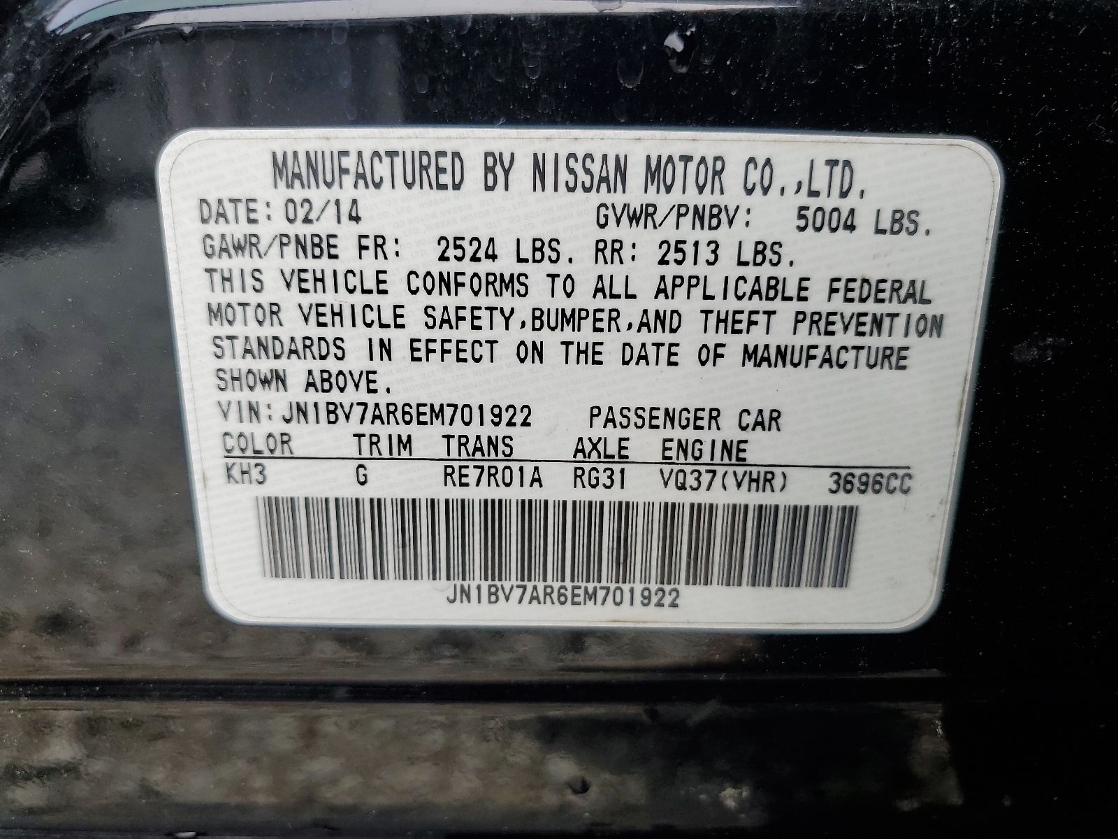 JN1BV7AR6EM701922 2014 Infiniti Q50 Base