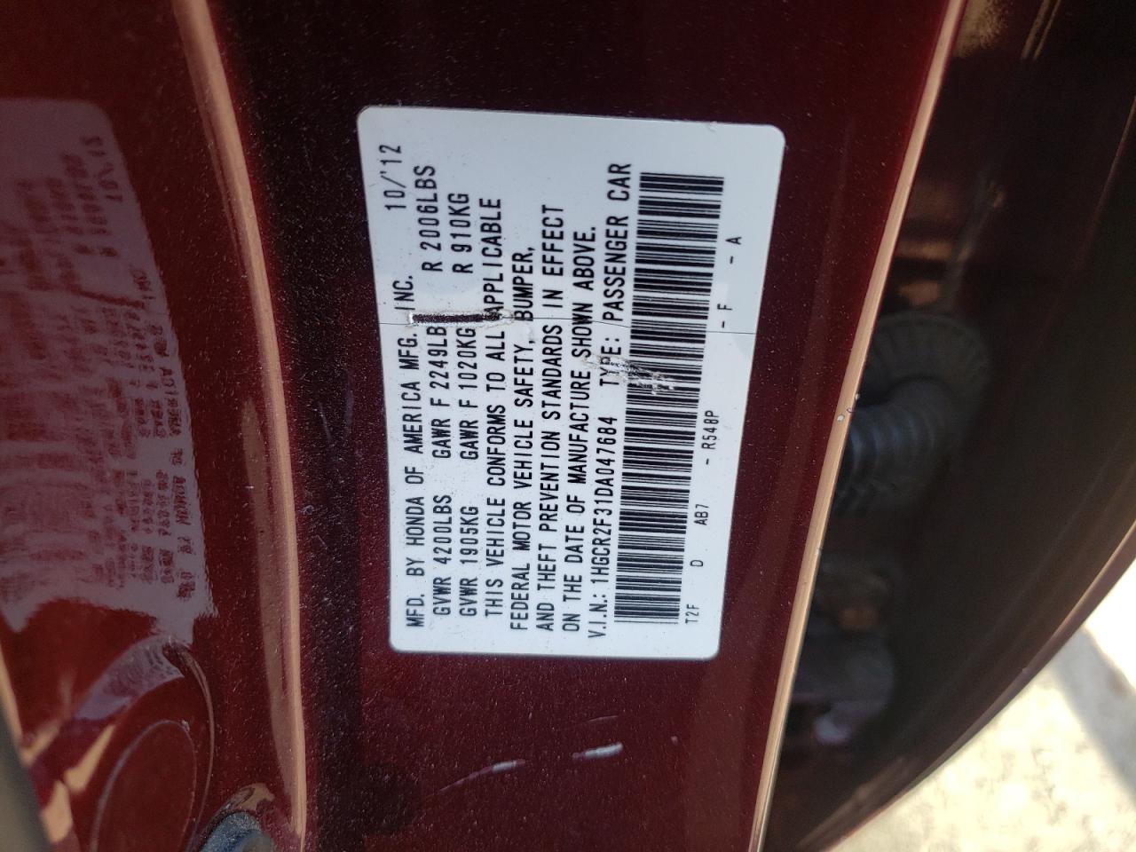 1HGCR2F31DA047684 2013 Honda Accord Lx