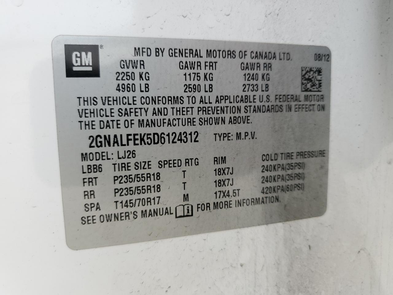 2013 Chevrolet Equinox Ltz VIN: 2GNALFEK5D6124312 Lot: 54220454