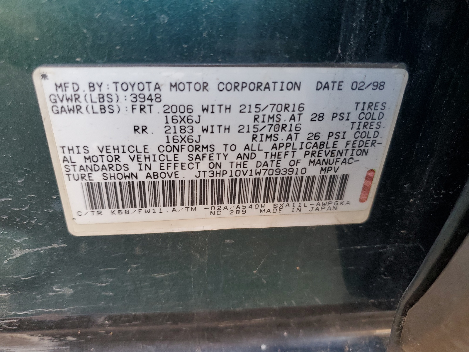 JT3HP10V1W7093910 1998 Toyota Rav4