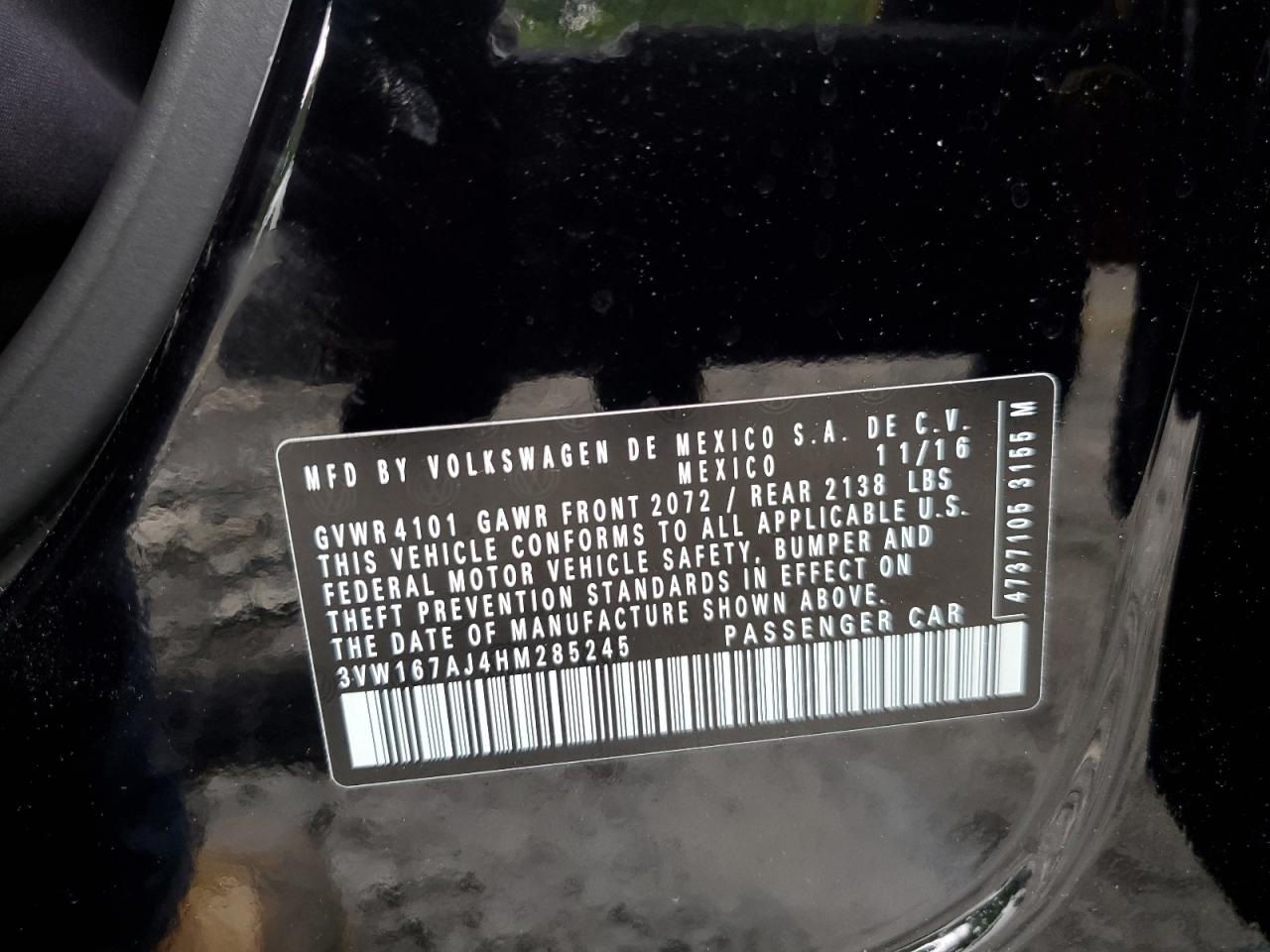 2017 Volkswagen Jetta S VIN: 3VW167AJ4HM285245 Lot: 54850244