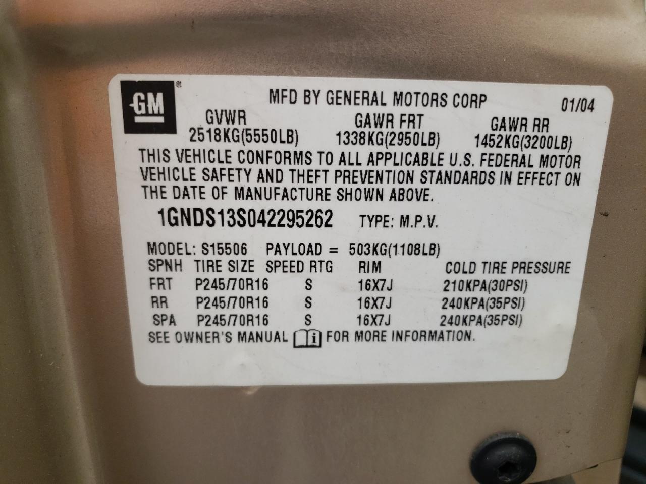 2004 Chevrolet Trailblazer Ls VIN: 1GNDS13S042295262 Lot: 55881704