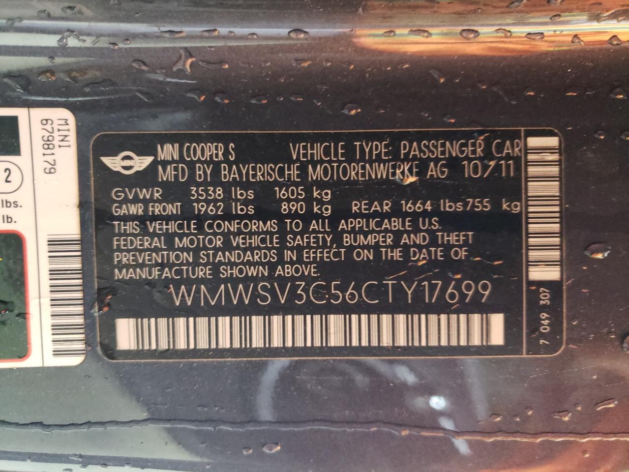 2012 Mini Cooper S VIN: WMWSV3C56CTY17699 Lot: 54613024