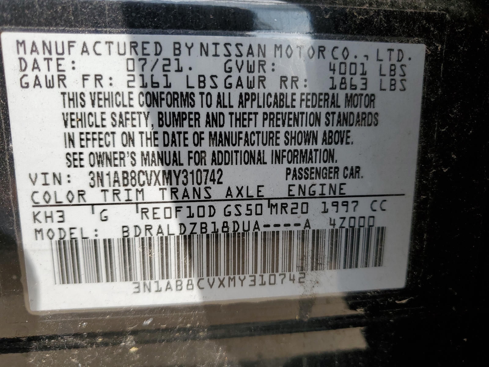 3N1AB8CVXMY310742 2021 Nissan Sentra Sv