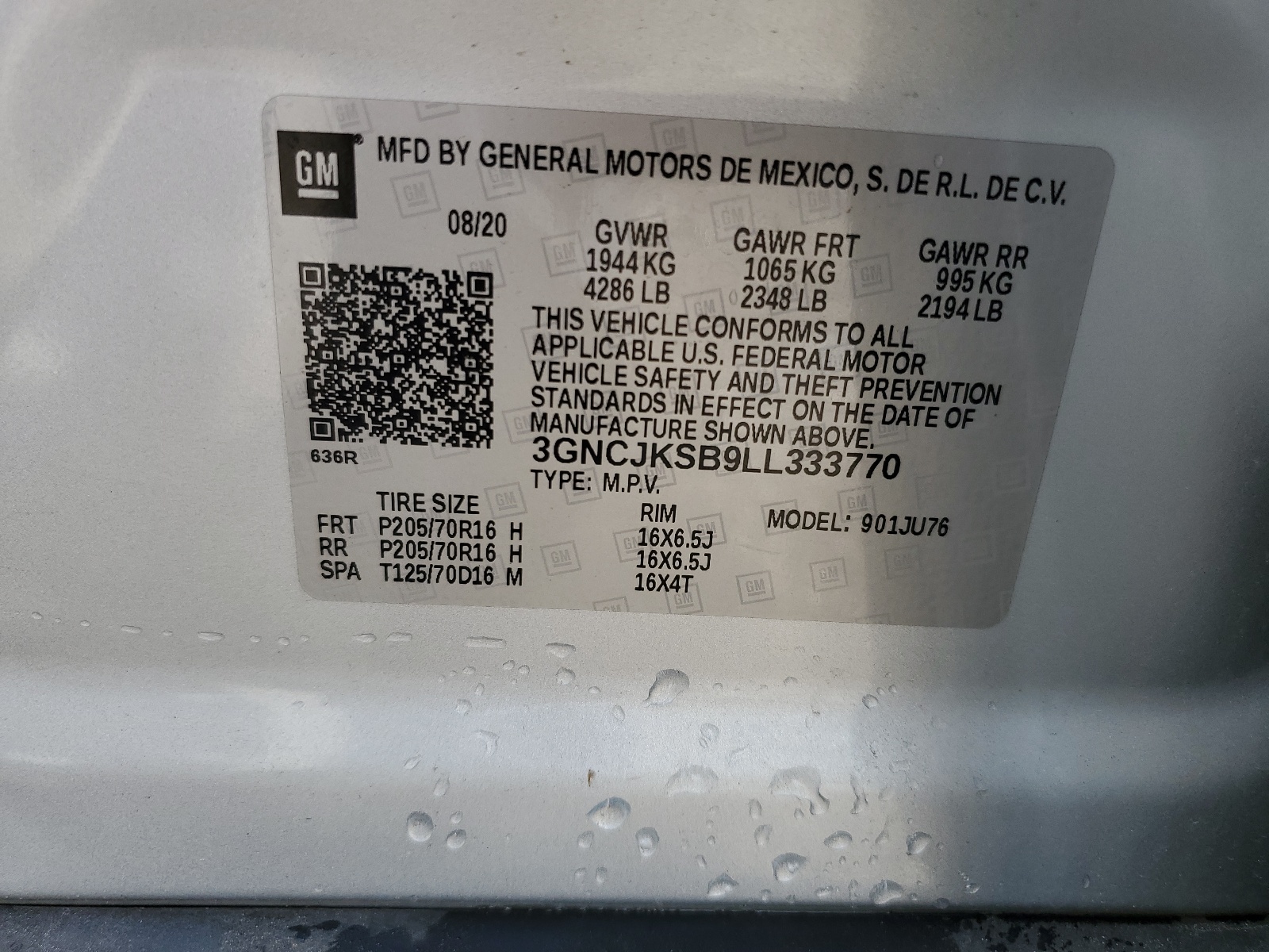 3GNCJKSB9LL333770 2020 Chevrolet Trax Ls