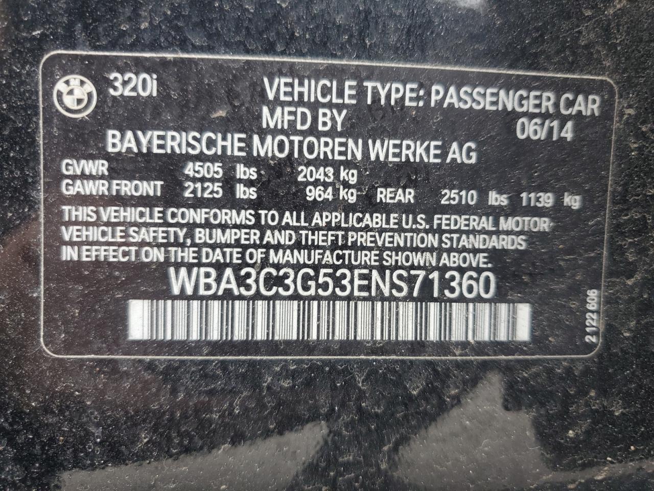 2014 BMW 320 I xDrive VIN: WBA3C3G53ENS71360 Lot: 53894284