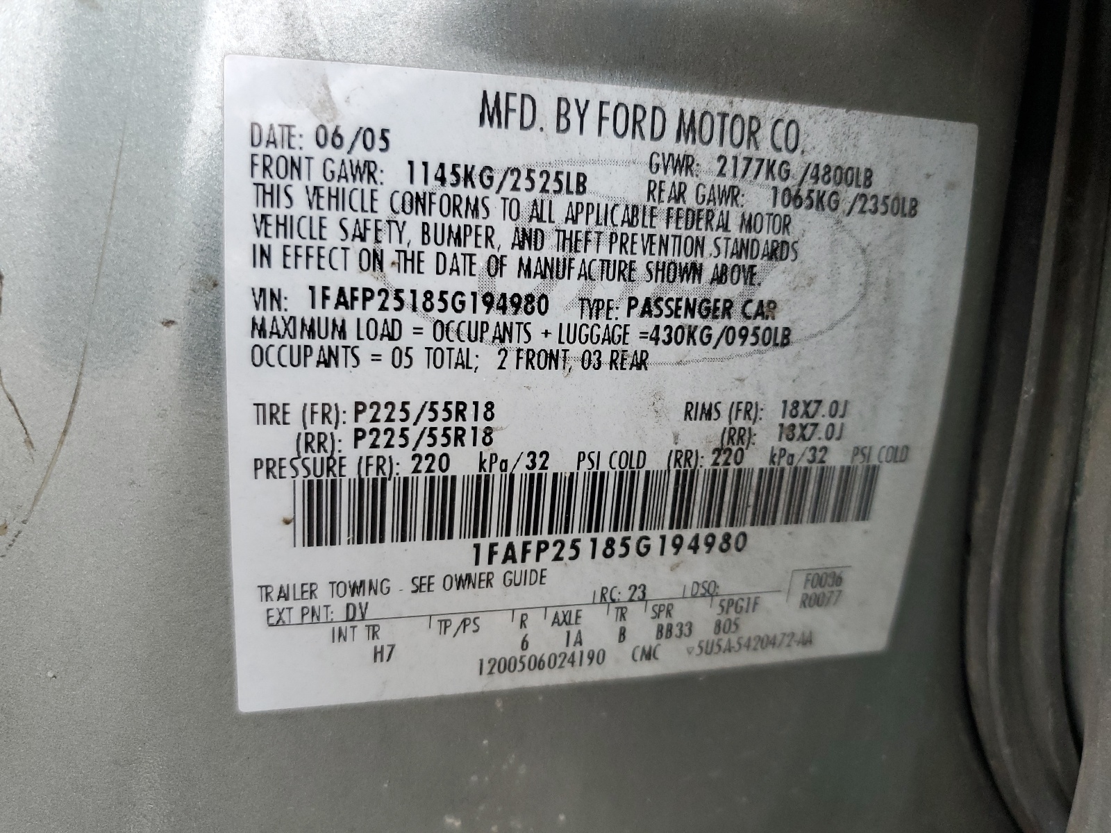 1FAFP25185G194980 2005 Ford Five Hundred Limited