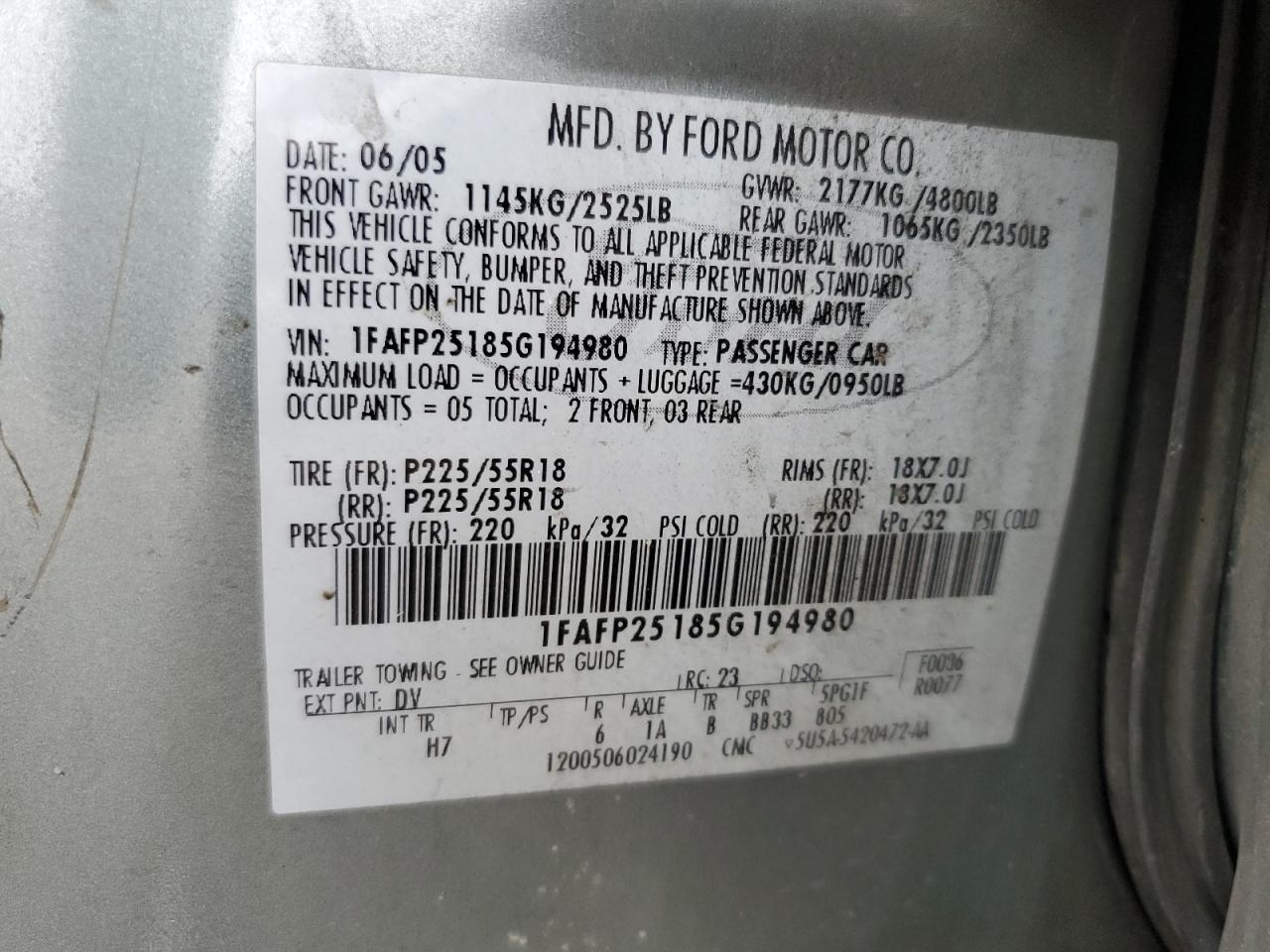 2005 Ford Five Hundred Limited VIN: 1FAFP25185G194980 Lot: 54038744