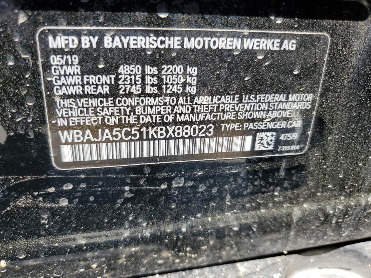 2019 BMW 530 I VIN: WBAJA5C51KBX88023 Lot: 55490514